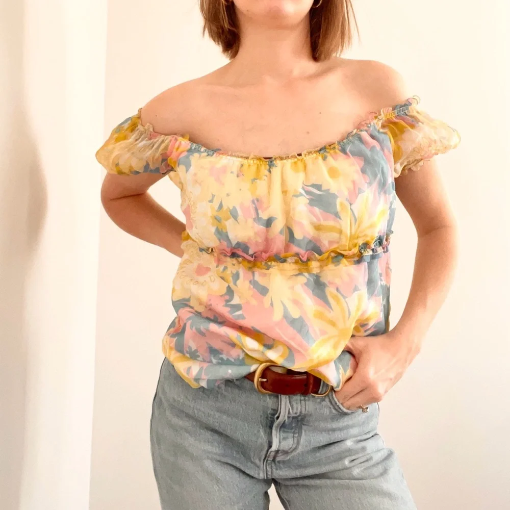 Vintage Silk Floral Off the Shoulder Top